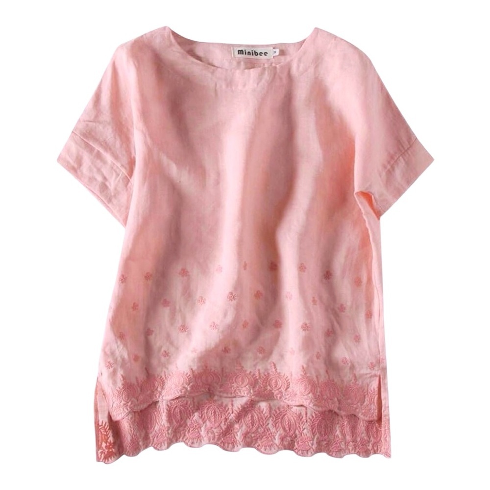 Women's Size Large Light Pink Hi-Lo Hem Embroidered Tunic 100% Linen